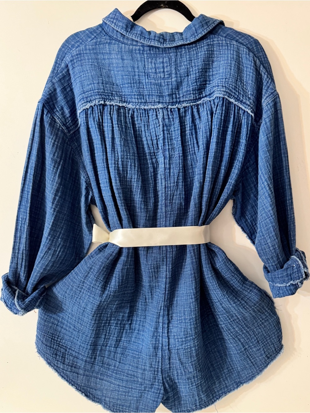 Blue Gauze Button-Front Romper &  Cream Tie Belt with TShirt New! - Picture 2 of 4